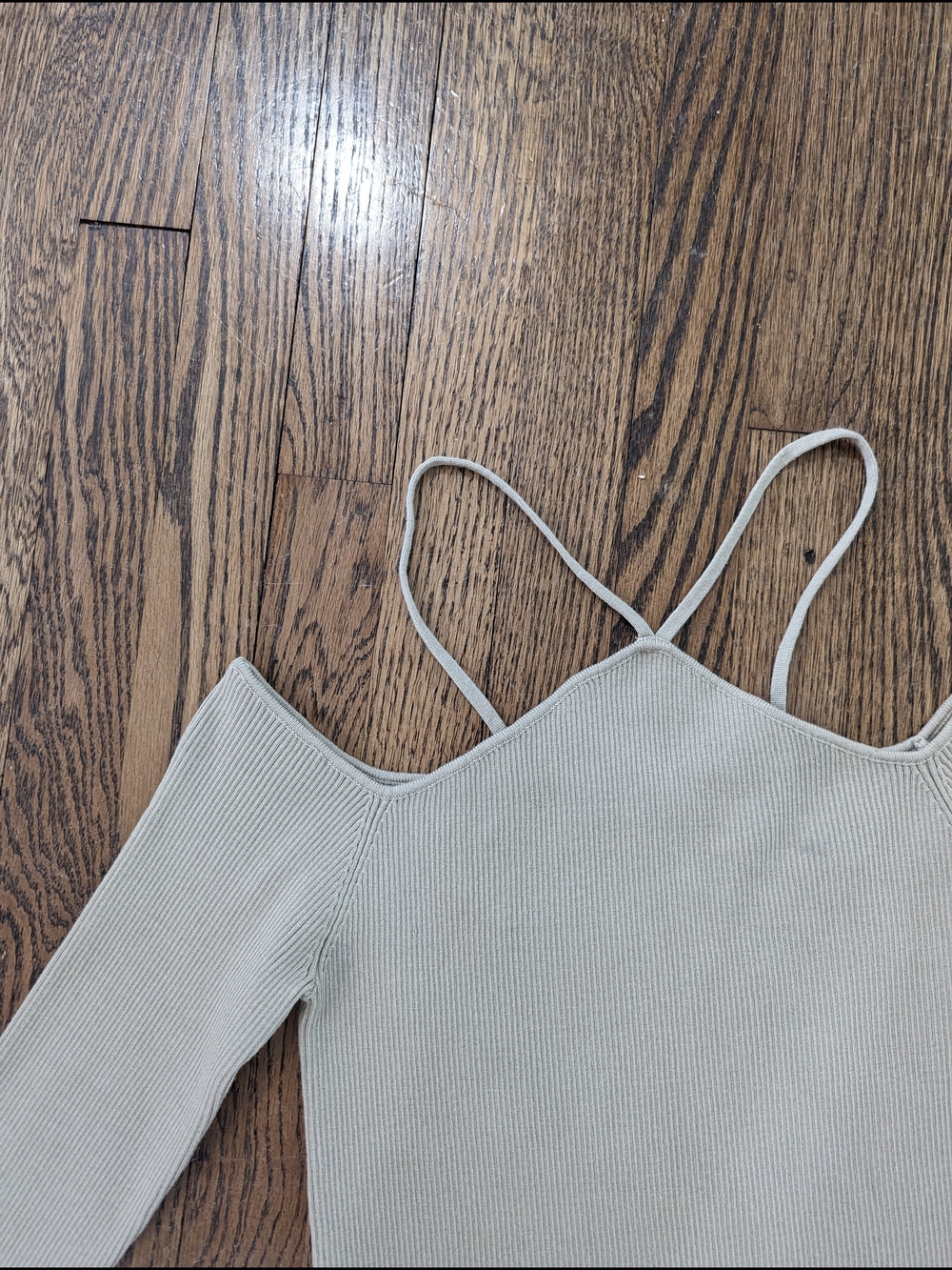 Mable Beige Ribbed Cold Shoulder Top - Picture 2 of 4